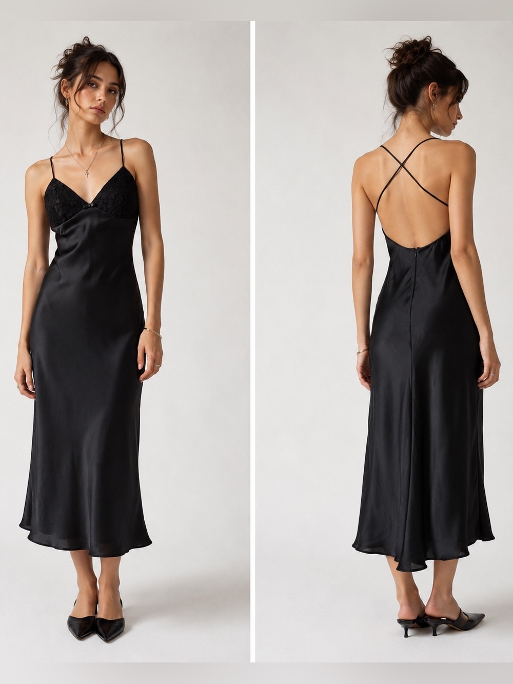 Vintage Black Satin Midi Slip Dress Small Asymmetrical Goth Whimsigoth 90s Y2K